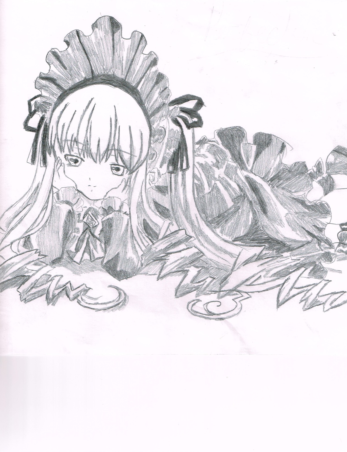 1girl blush dress frills image long_hair long_sleeves looking_at_viewer monochrome on_stomach shinku solo