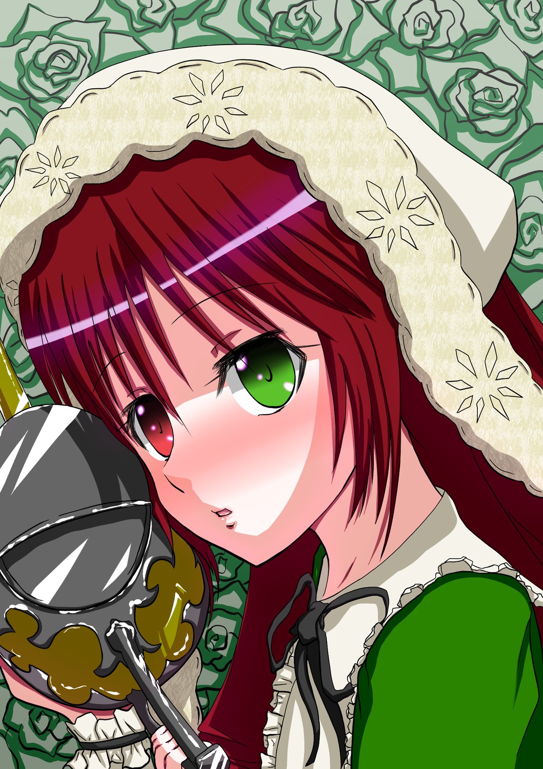 1girl blush flower frills green_eyes heterochromia image pink_flower pink_rose red_eyes red_rose rose solo suiseiseki thorns veil watering_can white_flower white_rose