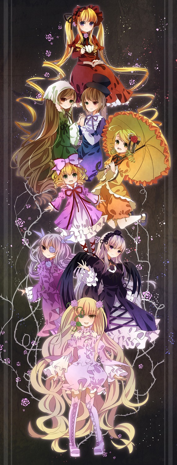 animal_ears blonde_hair blue_eyes bow brown_hair closed_eyes dress elbow_gloves flower fox_tail hat holding_umbrella image long_hair long_sleeves multiple multiple_girls parasol short_hair silver_hair smile tagme tail umbrella very_long_hair yakumo_ran