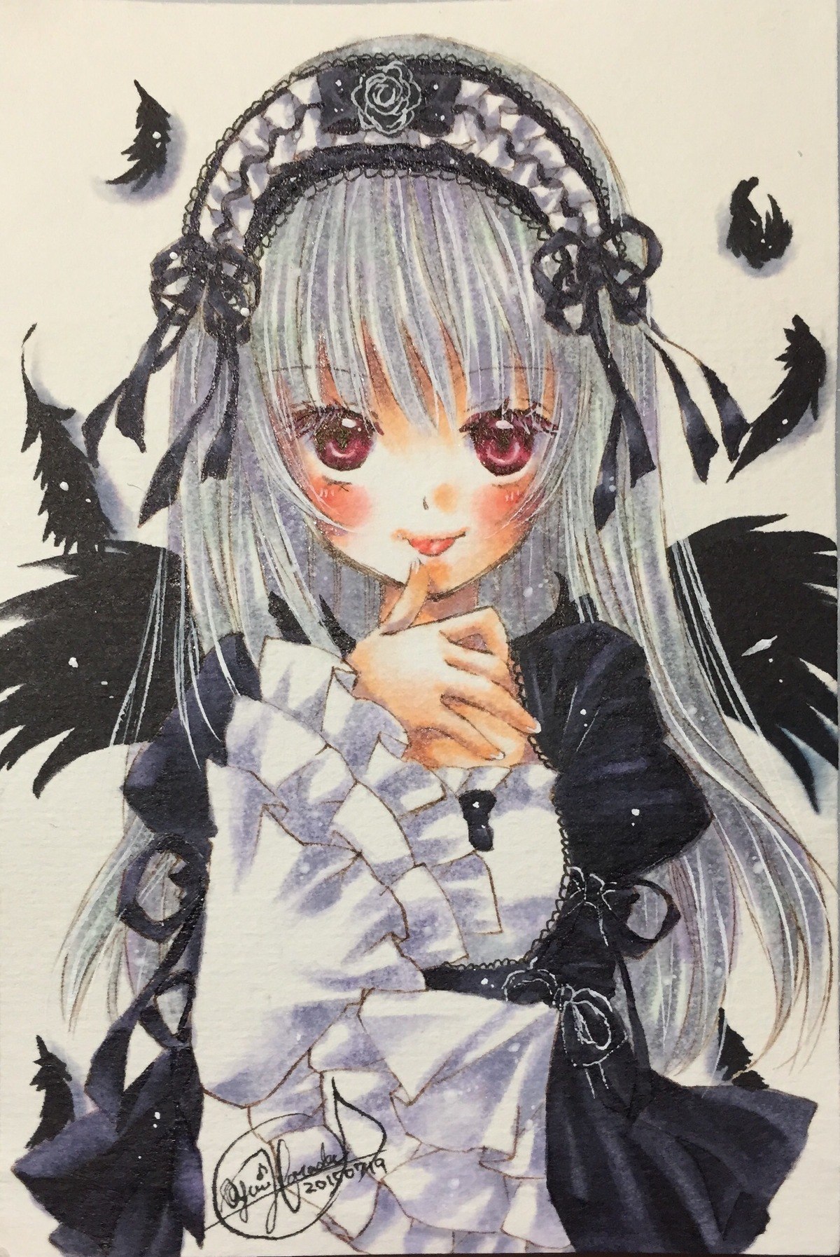 1girl :p auto_tagged bird black_feathers black_wings blush crow dated dress eyebrows_visible_through_hair feathers finger_to_mouth flower frills gothic_lolita hairband image lolita_fashion lolita_hairband long_hair long_sleeves looking_at_viewer marker_(medium) photo pink_eyes rose signature silver_hair solo suigintou tongue tongue_out traditional_media upper_body wings