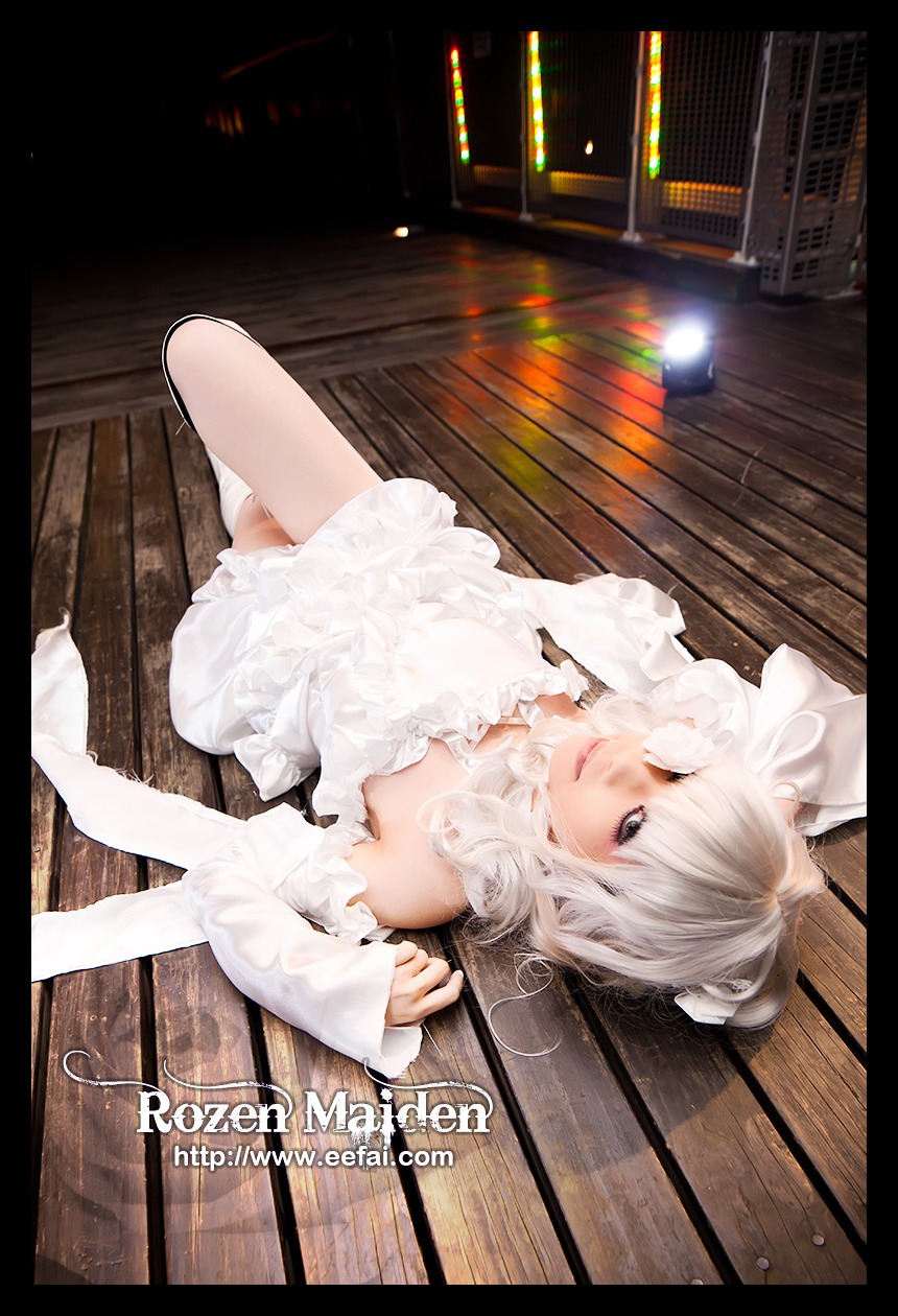 1girl detached_sleeves dress indoors kirakishou letterboxed lying on_back solo white_dress white_hair