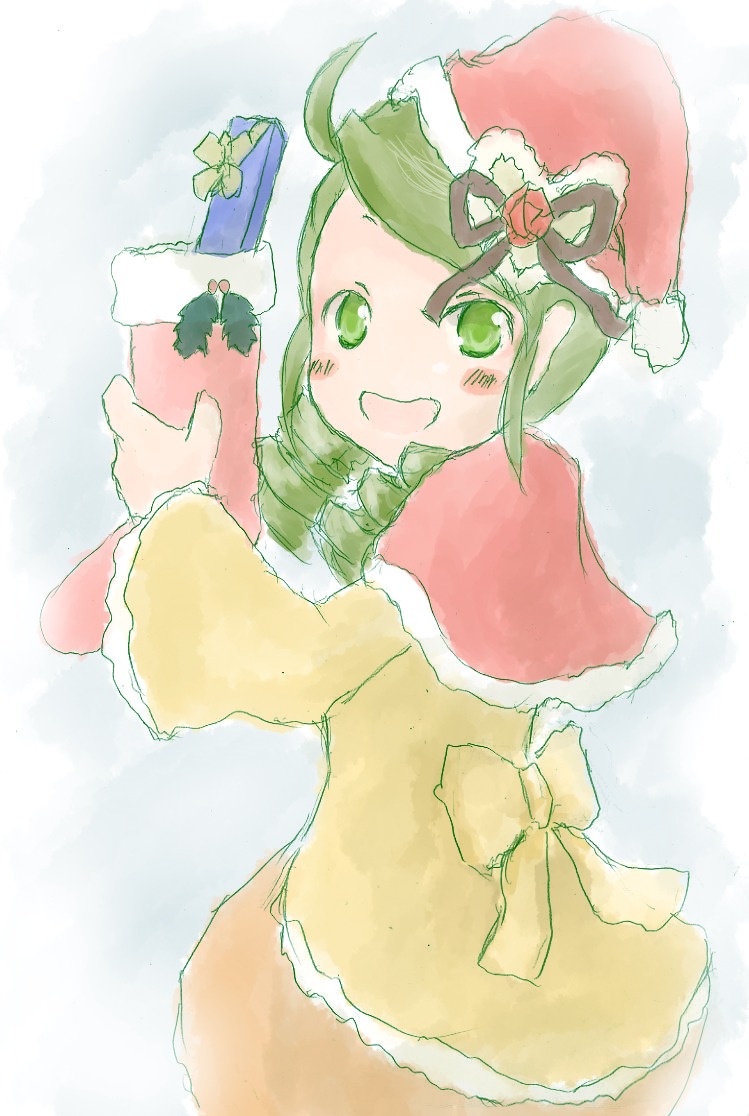 1girl blush capelet christmas dress gift gift_box green_eyes green_hair hair_ornament hat holding image kanaria long_sleeves looking_at_viewer open_mouth sack santa_costume santa_hat smile solo