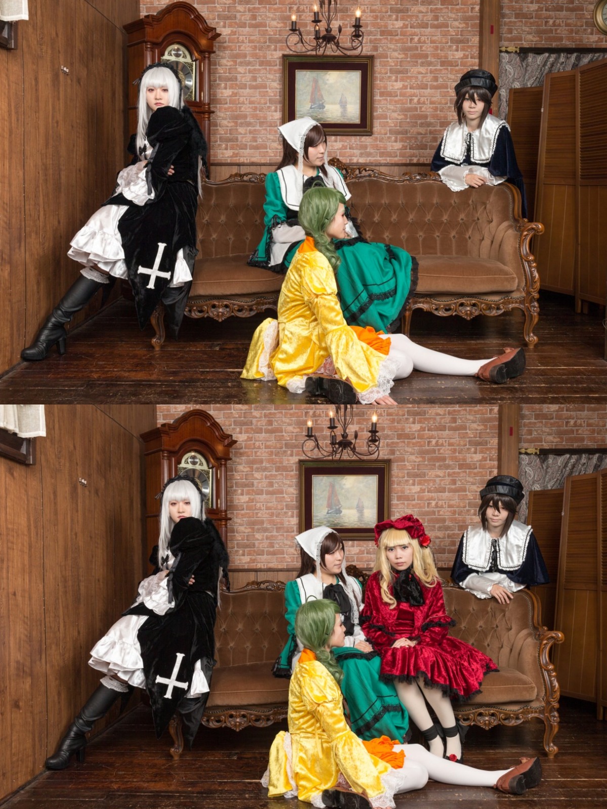 6+girls blonde_hair boots couch dress green_hair hair_ornament hat long_hair multiple_boys multiple_cosplay multiple_girls painting_(object) pantyhose sitting tagme white_hair