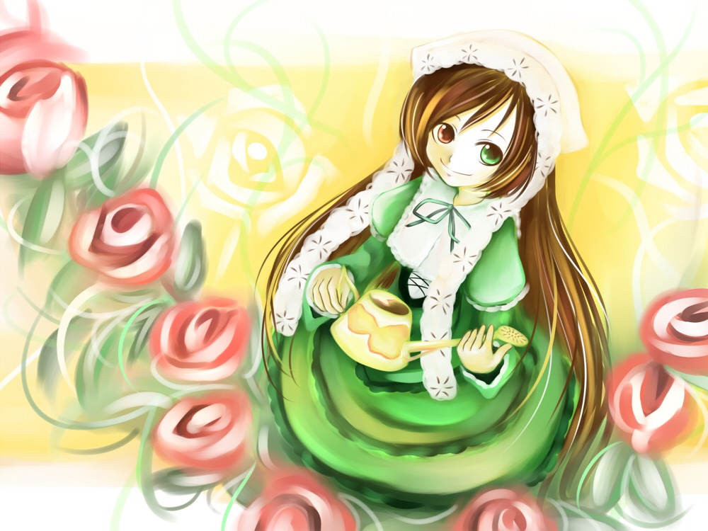 1girl brown_hair dress flower food frills green_dress green_eyes heterochromia image long_hair long_sleeves looking_at_viewer red_eyes smile solo suiseiseki very_long_hair watering_can
