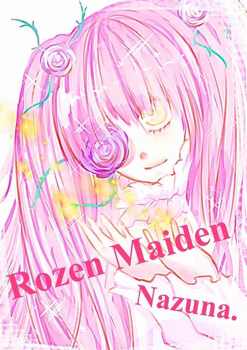 1girl blue_rose dress english_text flower hair_flower hair_ornament happy_birthday image kaname_madoka kirakishou long_hair looking_at_viewer pink_hair rose smile solo ultimate_madoka yellow_eyes