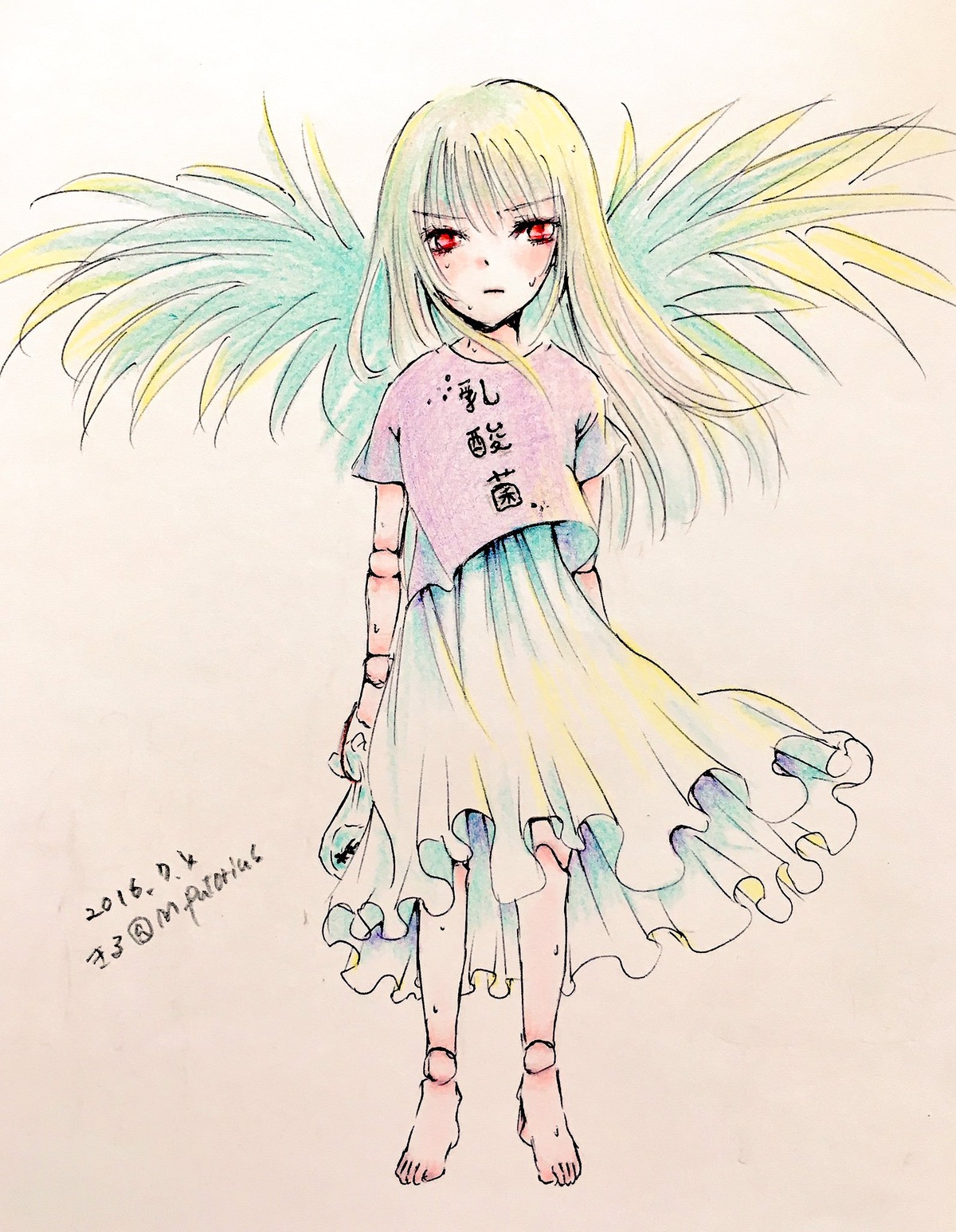 1girl anklet barefoot blonde_hair blush dated full_body image long_hair looking_at_viewer red_eyes shirt skirt solo suigintou wings