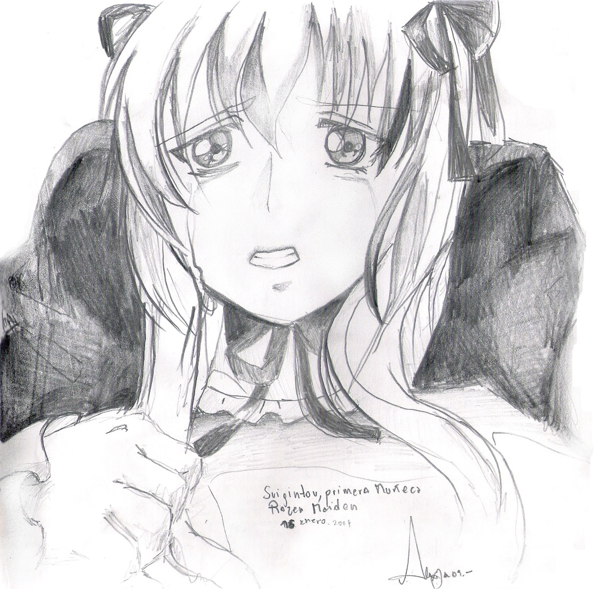 1girl graphite_(medium) greyscale image monochrome solo suigintou tears traditional_media