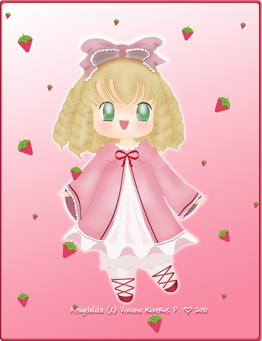 1girl :d auto_tagged blonde_hair bloomers blush bow cherry dress food food_print fruit green_eyes hina_ichigo hinaichigo image long_sleeves looking_at_viewer object_namesake open_mouth pink_background pink_bow short_hair smile solo standing strawberry strawberry_print striped striped_background underwear