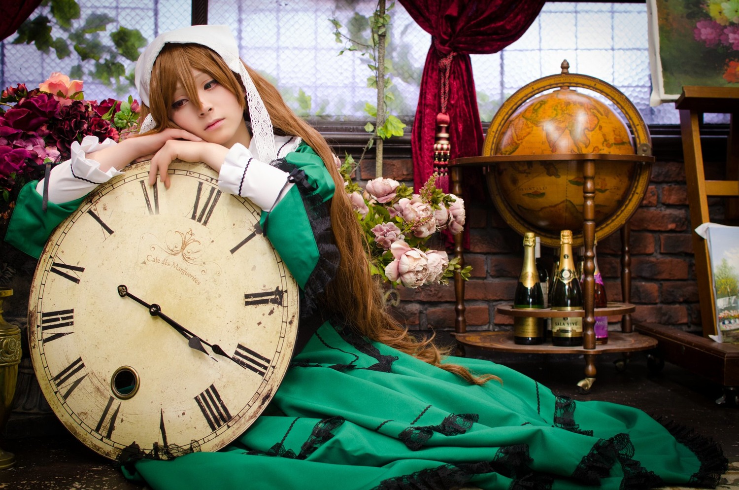 1girl blonde_hair blue_eyes dress flower green_dress hood lips long_hair sitting solo suiseiseki window