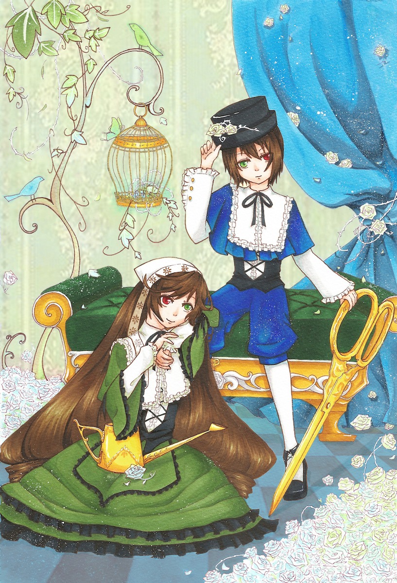 2girls brown_hair dress flower frills green_dress hat head_scarf heterochromia image long_hair multiple_girls pair red_eyes scissors short_hair siblings sisters smile souseiseki suiseiseki top_hat twins very_long_hair watering_can