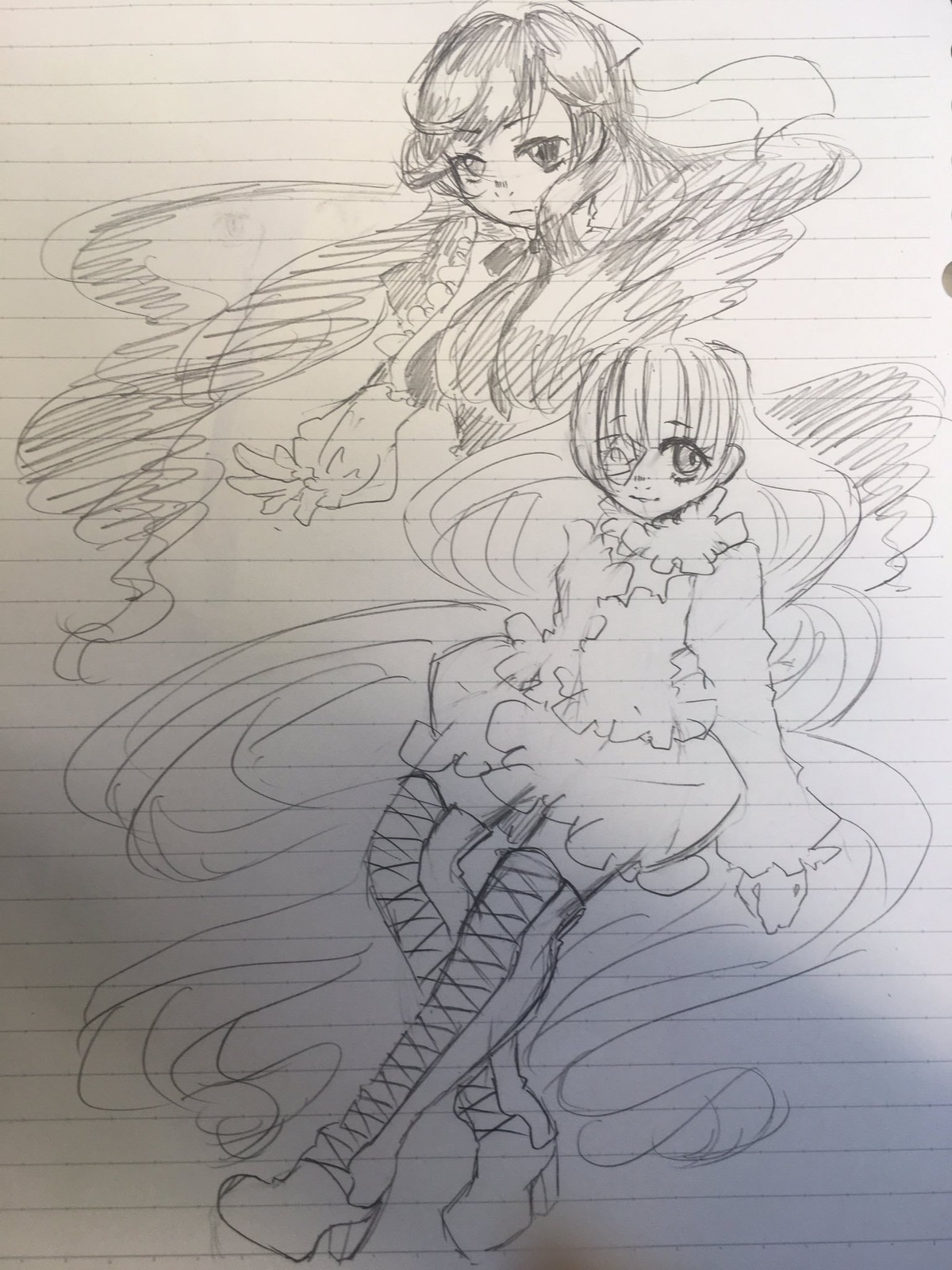 boots dress greyscale high_heels image kirakishou long_hair monochrome multiple_girls pair sketch smile stocking_(psg) suiseiseki thighhighs very_long_hair wings