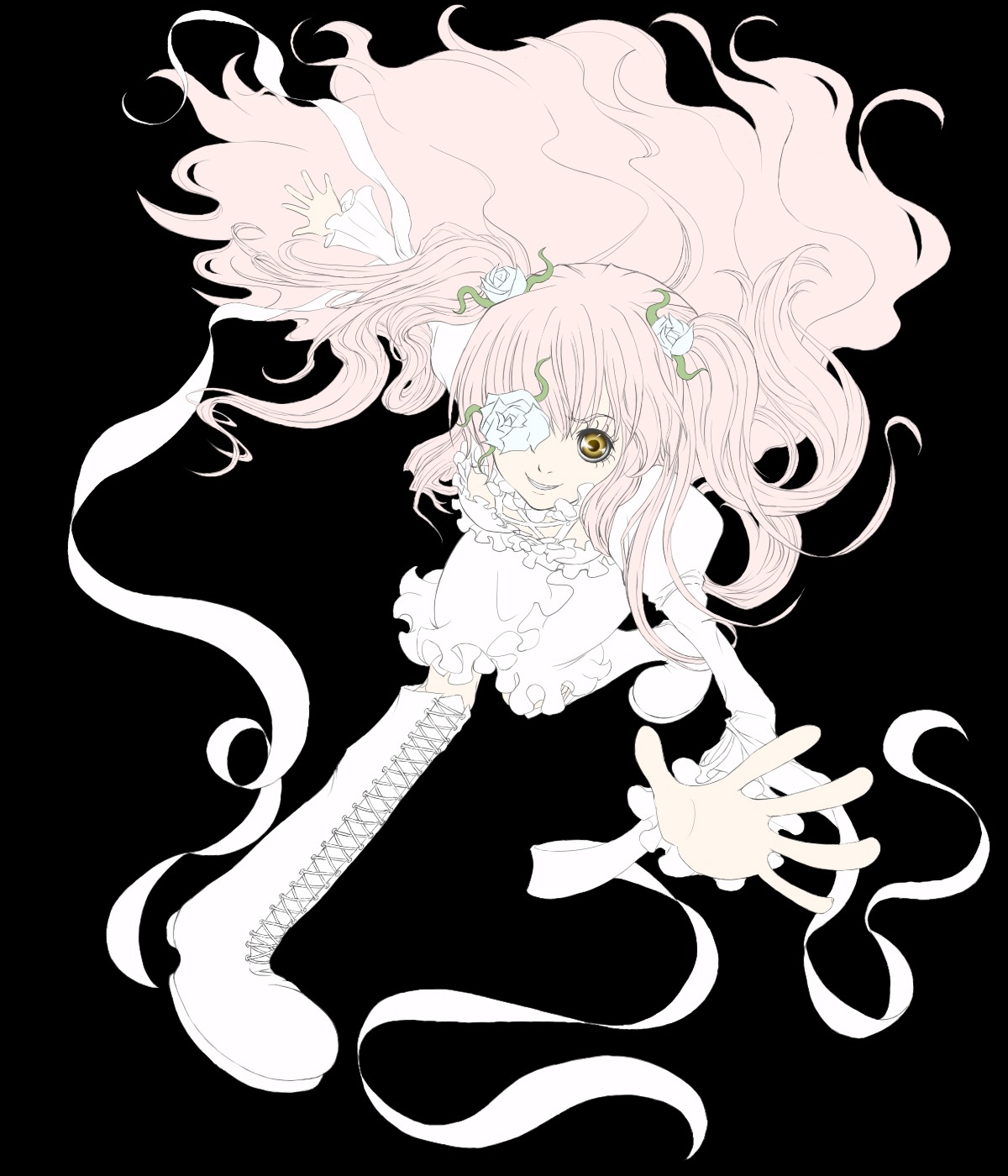 1girl boots dress eyepatch flower frills full_body hair_flower hair_ornament long_hair pink_hair rose smile solo thigh_boots very_long_hair vines white_flower yellow_eyes