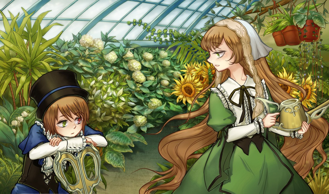 3girls brown_hair dress flower green_dress green_eyes hat head_scarf heterochromia image long_hair long_sleeves multiple_girls pair plant red_eyes scissors siblings sisters souseiseki suiseiseki sunflower twins very_long_hair watering_can