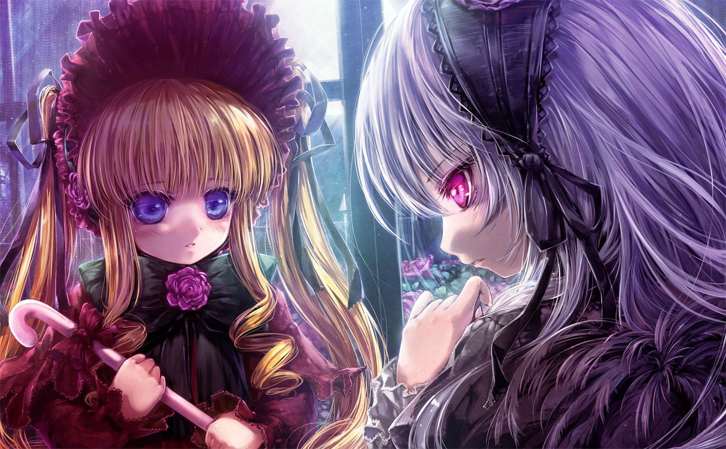 2girls blonde_hair blue_eyes bonnet dress flower frills hairband image lolita_fashion long_hair long_sleeves looking_at_another multiple_girls pair rose shinku silver_hair suigintou twintails umbrella