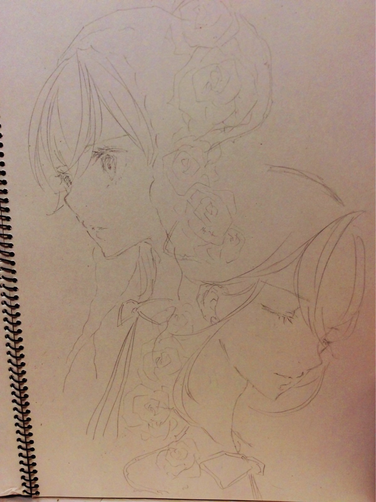 2girls closed_eyes flower hair_ornament image long_hair monochrome multiple_girls profile rose solo suiseiseki traditional_media white_rose