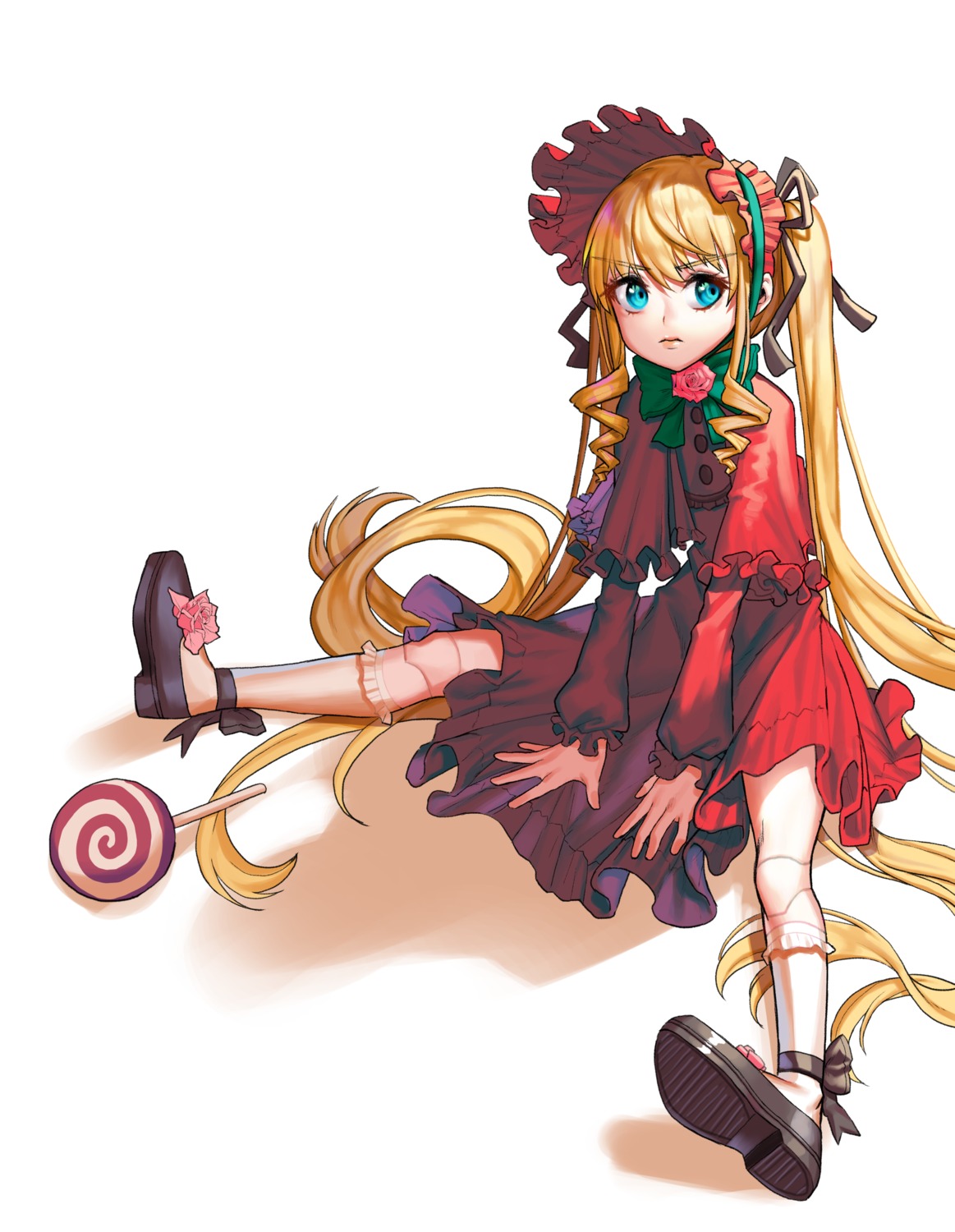 1girl blonde_hair blue_eyes bonnet bow bowtie candy dress flower food full_body image lollipop long_hair long_sleeves red_dress ribbon rose shinku shoes sitting solo swirl_lollipop twintails very_long_hair white_background