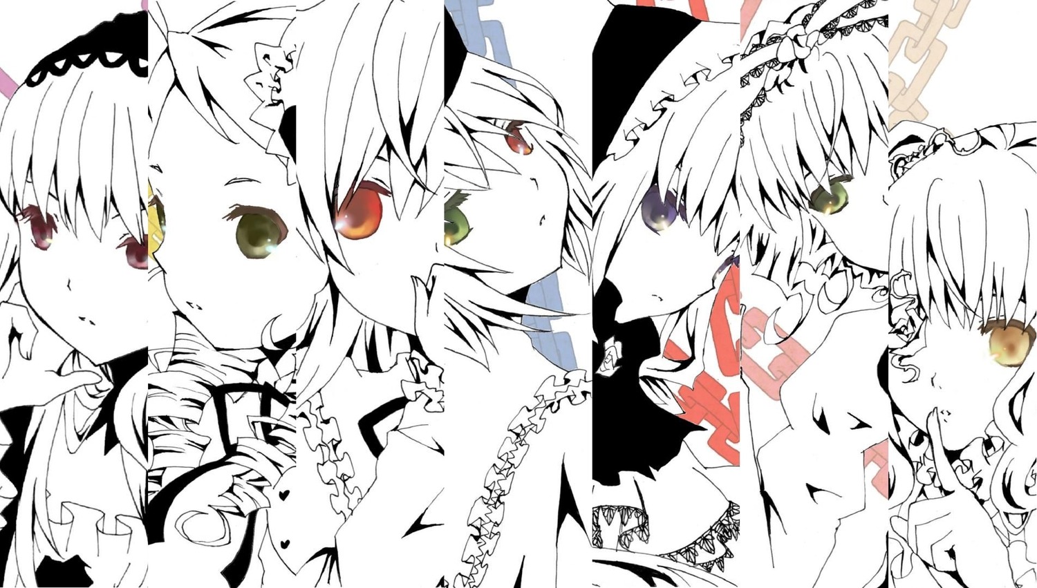 6+girls braid column_lineup hair_ornament hat heterochromia hong_meiling image izayoi_sakuya maid maid_headdress monochrome multiple multiple_girls patchouli_knowledge short_hair spot_color tagme