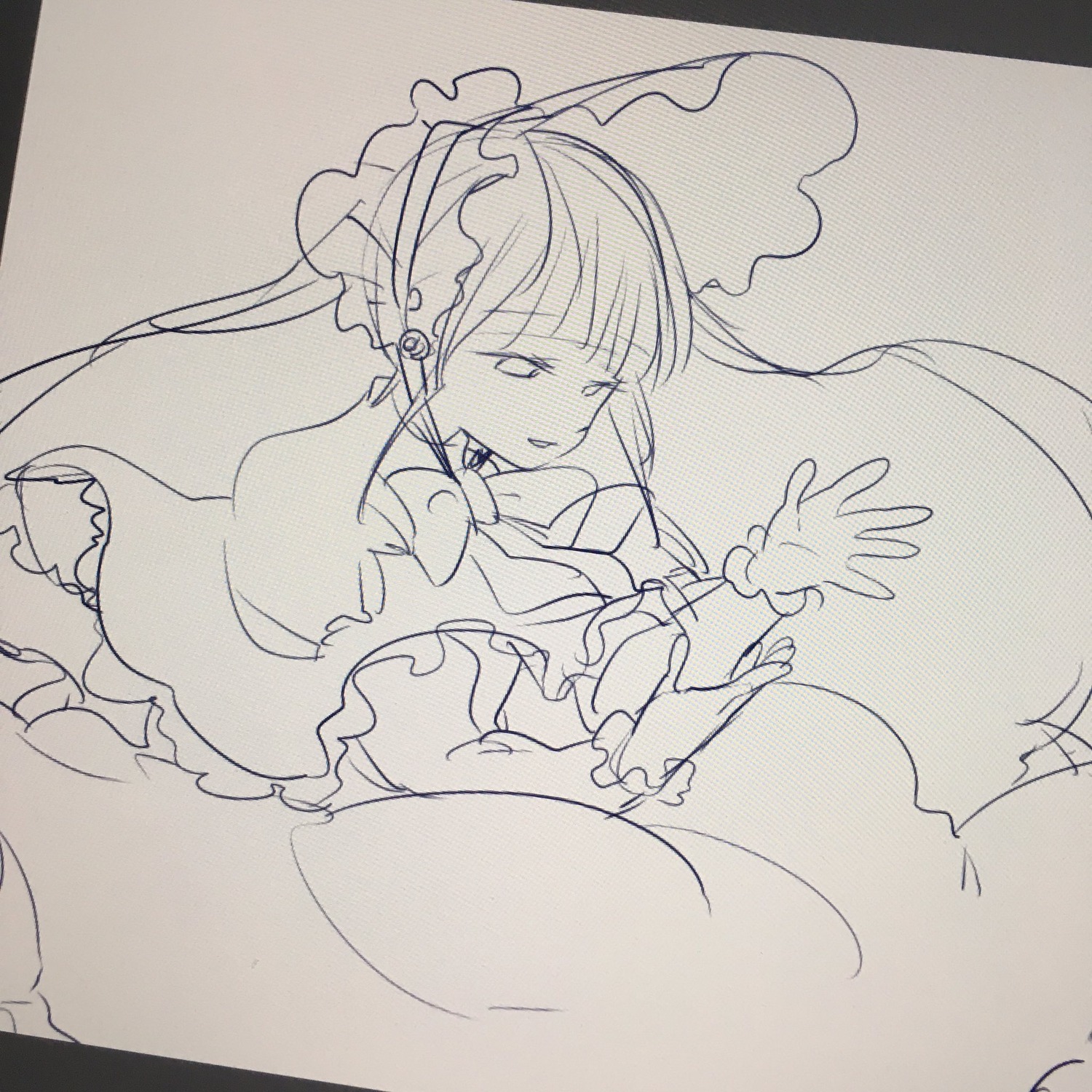1boy 1girl dress frills image jewelry lineart long_hair long_sleeves monochrome open_mouth shinku smile solo