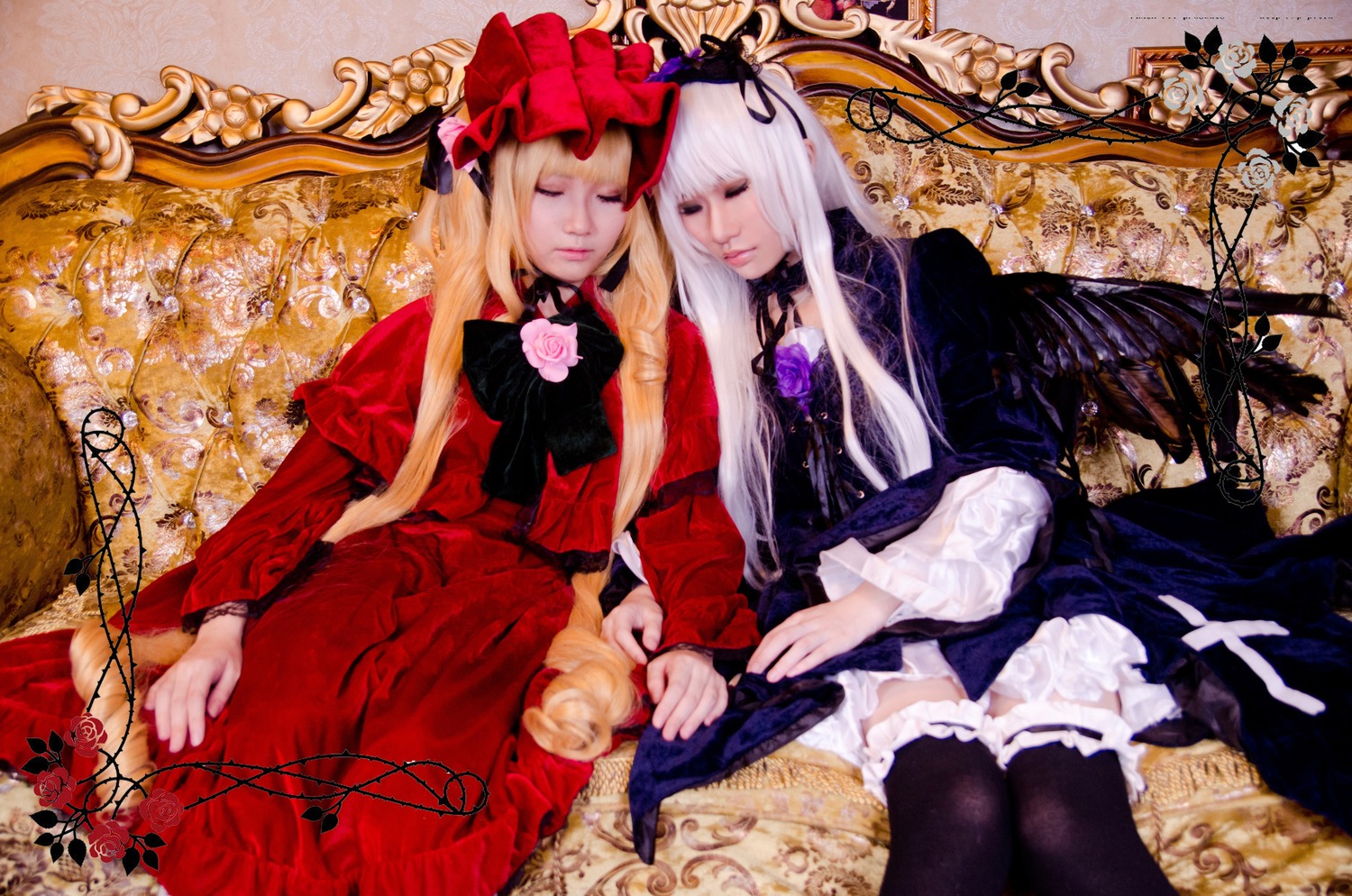 2girls blonde_hair closed_eyes dress flower frills hat long_hair multiple_cosplay multiple_girls red_dress rose shinku silver_hair sitting sleeping suigintou tagme thighhighs