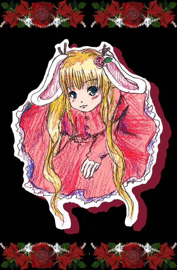 1girl black_background blonde_hair bunny_ears camellia dress flower image long_hair pink_rose red_flower red_rose rose rose_petals shinku solo thorns