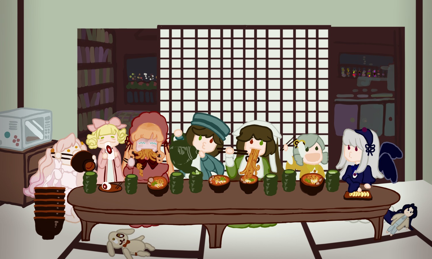 6+girls blonde_hair bookshelf bow brown_hair bunny dress eating food fruit hat image indoors long_hair multiple multiple_girls short_hair shouji sitting sliding_doors smile table tagme tatami television