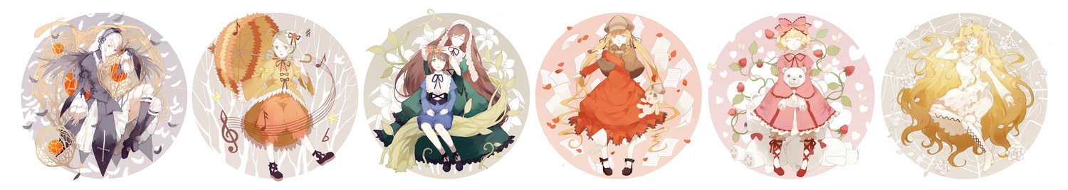 6+girls :d absurdres ahoge auto_tagged black_wings blonde_hair blue_eyes bow brown_eyes brown_hair cape closed_eyes commentary_request dress drill_hair flower food fruit hair_bow hair_ornament hair_ribbon hairband hat heterochromia highres hina_ichigo holding image kanaria kirakishou lolita_hairband long_hair looking_at_viewer multiple multiple_girls musical_note nine_(liuyuhao1992) object_hug open_mouth parasol parted_lips photoshop_(medium) pink_bow pipe red_eyes ribbon rose rozen_maiden shinku short_hair smile souseiseki striped stuffed_animal stuffed_dog suigintou suiseiseki tagme teddy_bear twin_drills twintails umbrella very_long_hair white_hair wide_image wings