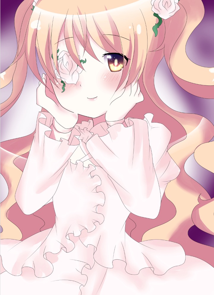 1girl blush dress flower hair_flower hair_ornament hands_on_own_cheeks hands_on_own_face image kirakishou long_hair long_sleeves looking_at_viewer lying rose smile solo twintails vertical_stripes white_flower white_rose