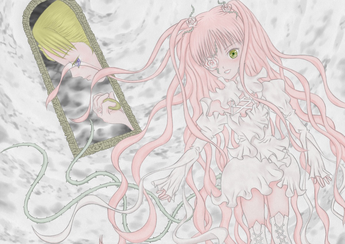 2girls blonde_hair dress frills green_eyes hair_ornament image kirakishou long_hair long_sleeves multiple_girls pink_hair puffy_sleeves smile solo standing thighhighs ultimate_madoka very_long_hair vines white_dress zettai_ryouiki