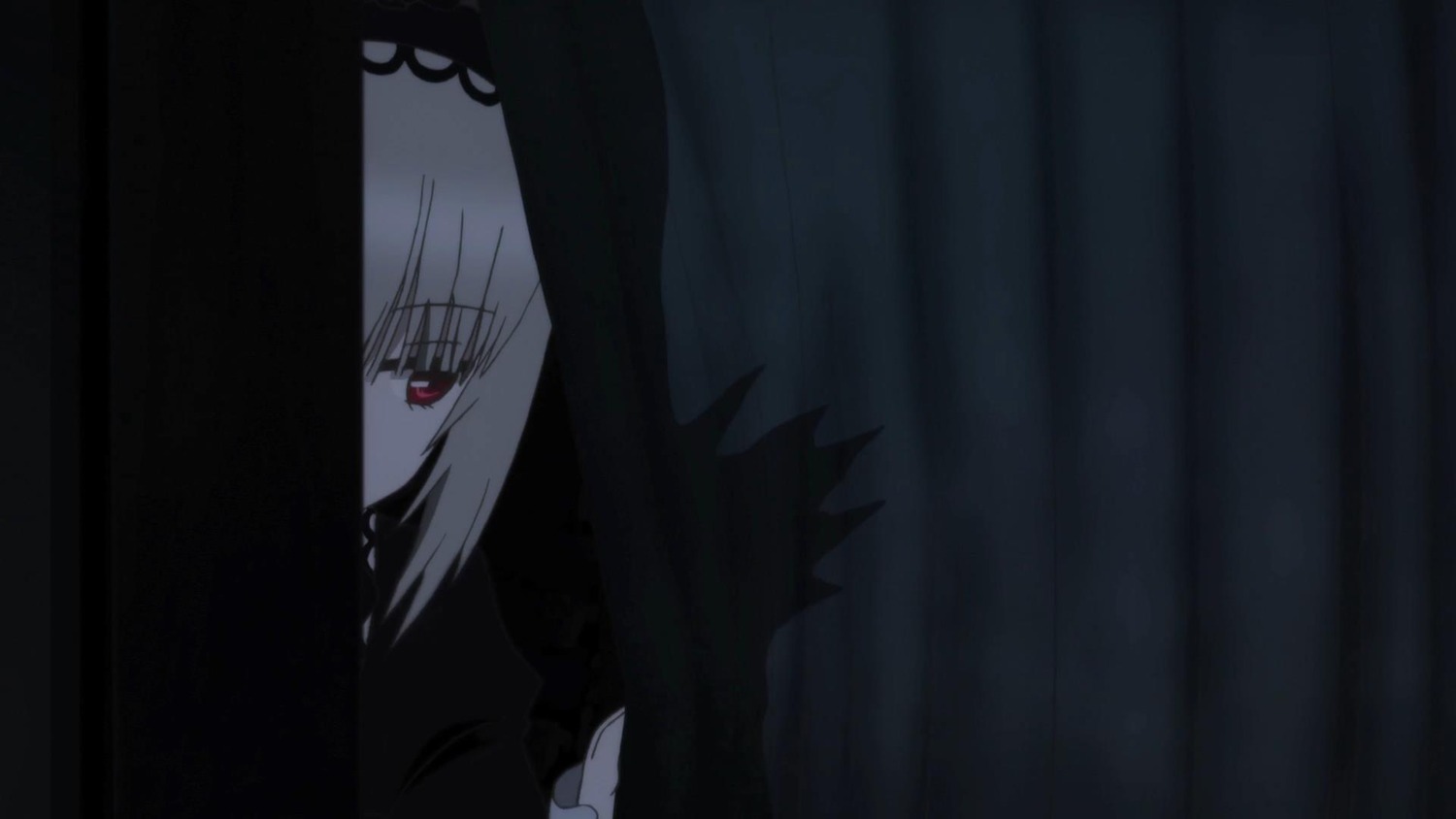 1girl bangs curtains dark hood hood_down image indoors red_eyes solo suigintou