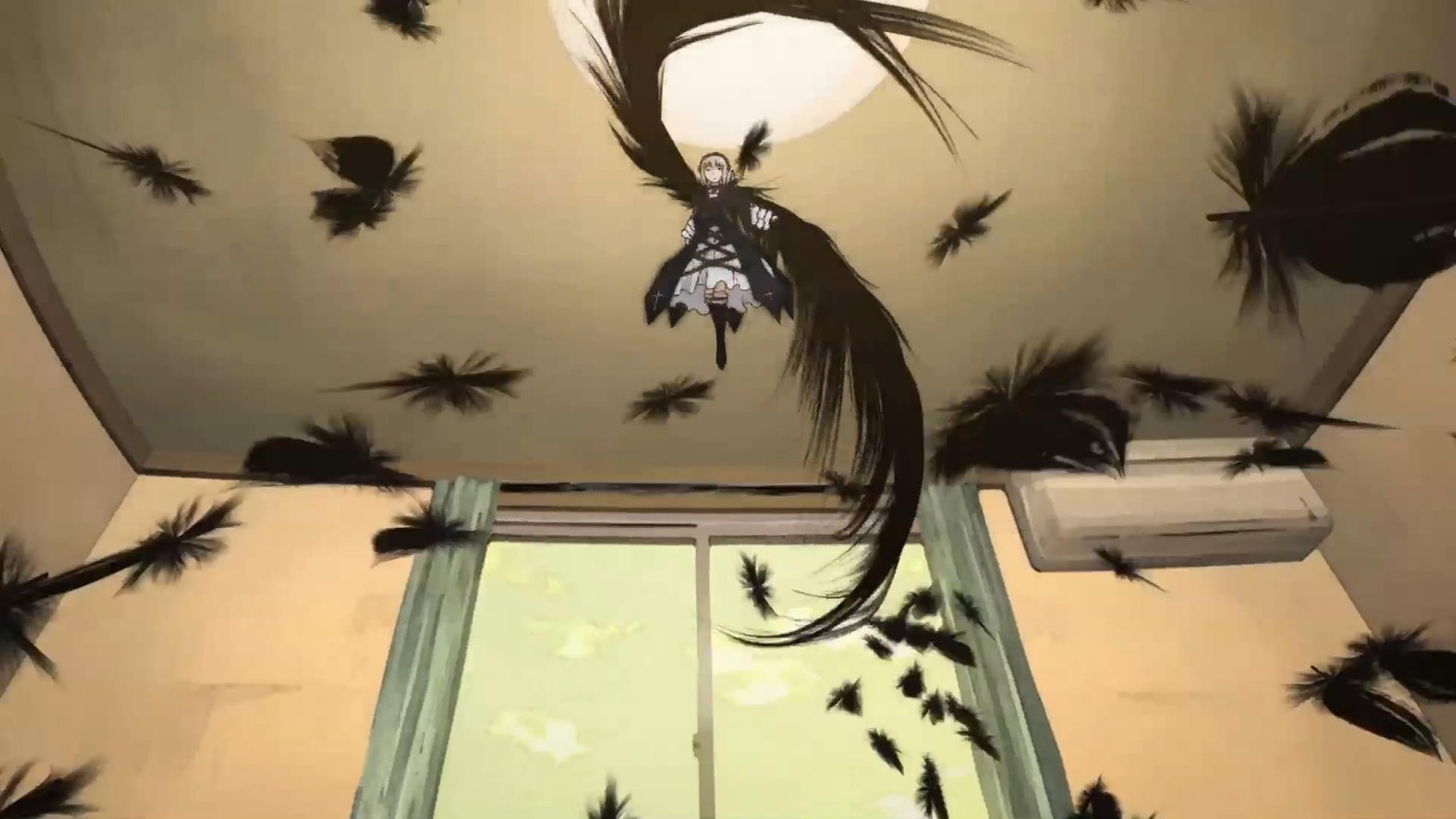 animal bird black_feathers crow falling_leaves feathers flock flying image leaf shameimaru_aya silhouette solo suigintou sunset