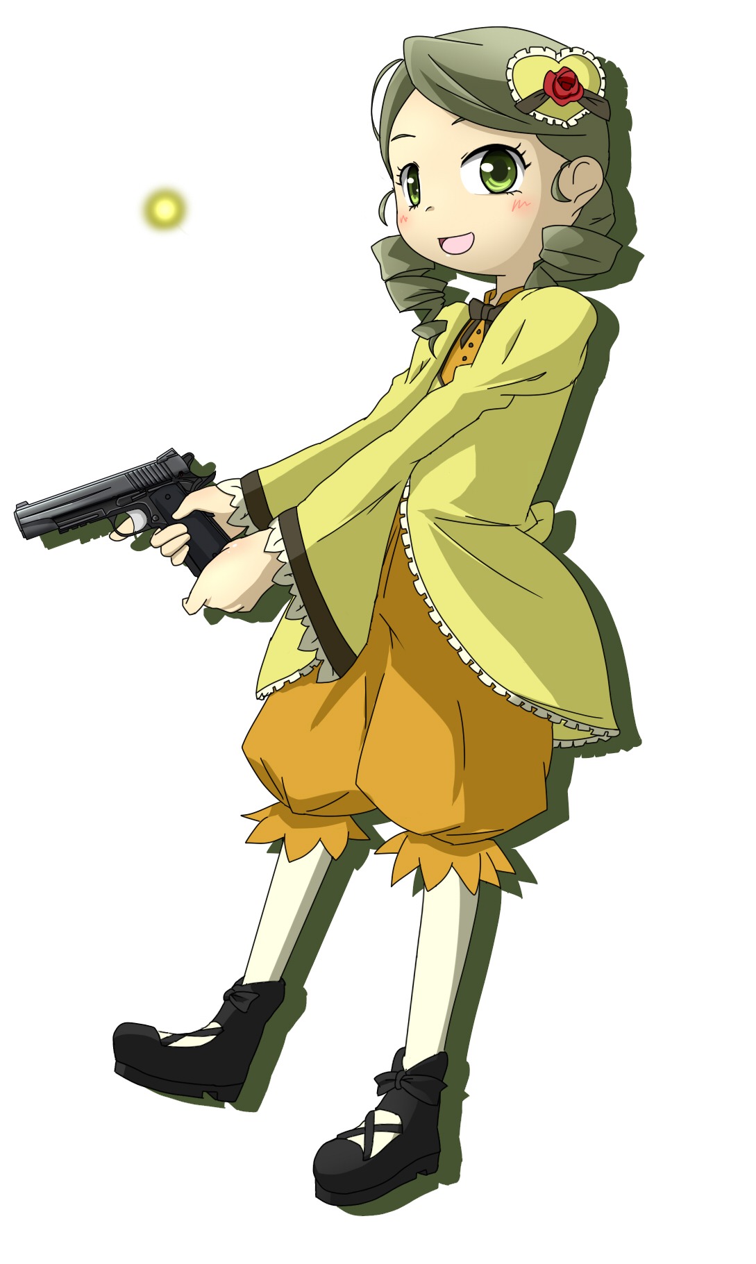1girl full_body green_eyes green_hair gun hair_ornament handgun holding holding_gun holding_weapon image kanaria long_sleeves open_mouth smile solo weapon white_background