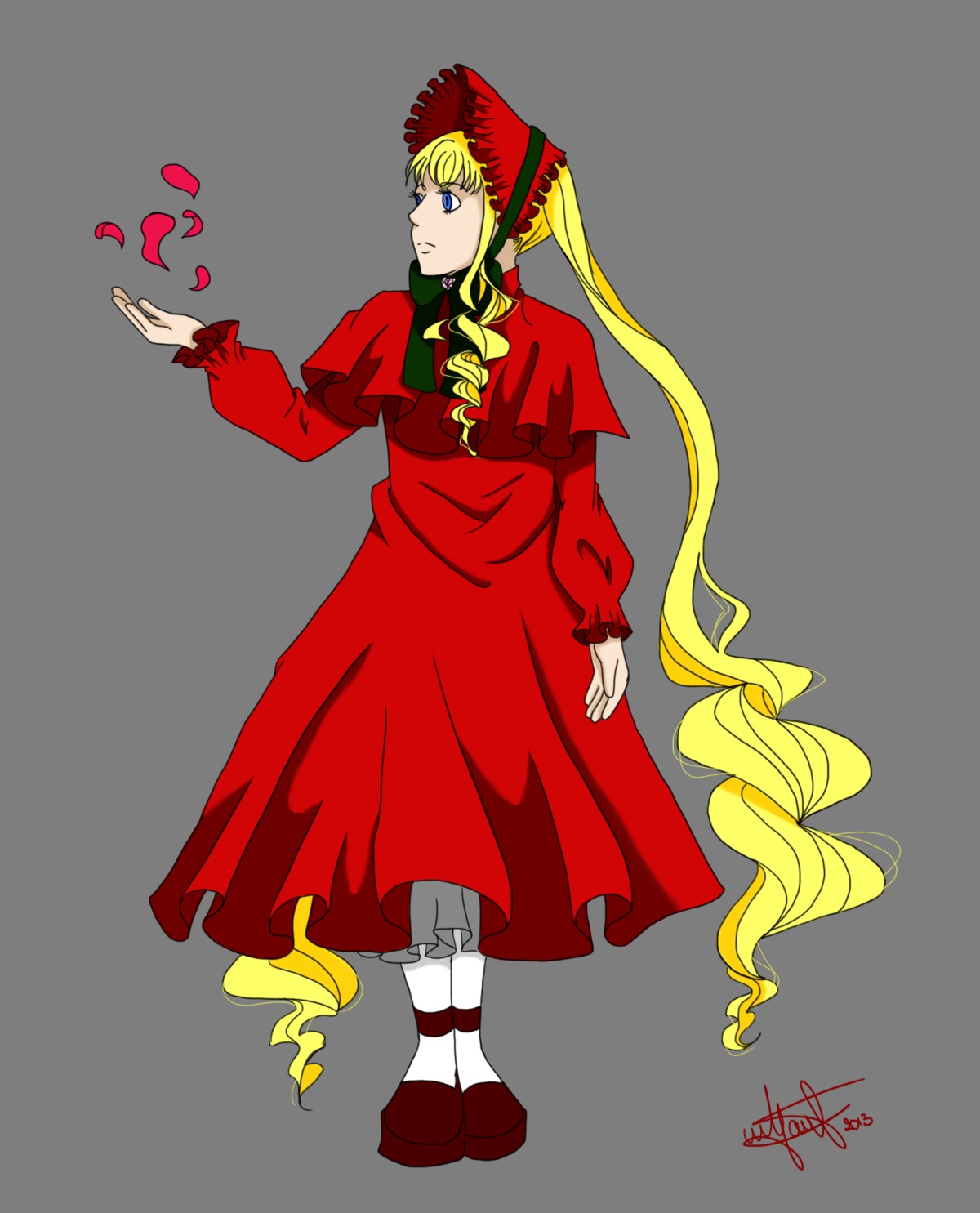 1girl blonde_hair blue_eyes bonnet bow dress full_body hat image long_hair long_sleeves red_dress shinku shoes solo twintails very_long_hair
