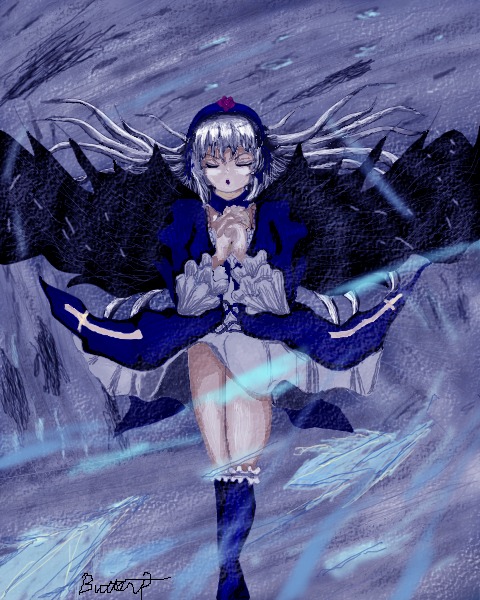 1girl closed_eyes dress frills hairband image long_hair silver_hair solo suigintou water white_panties wings