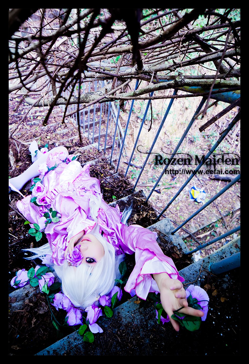 1girl barasuishou dress flower hair_flower hair_ornament letterboxed purple_eyes solo white_hair