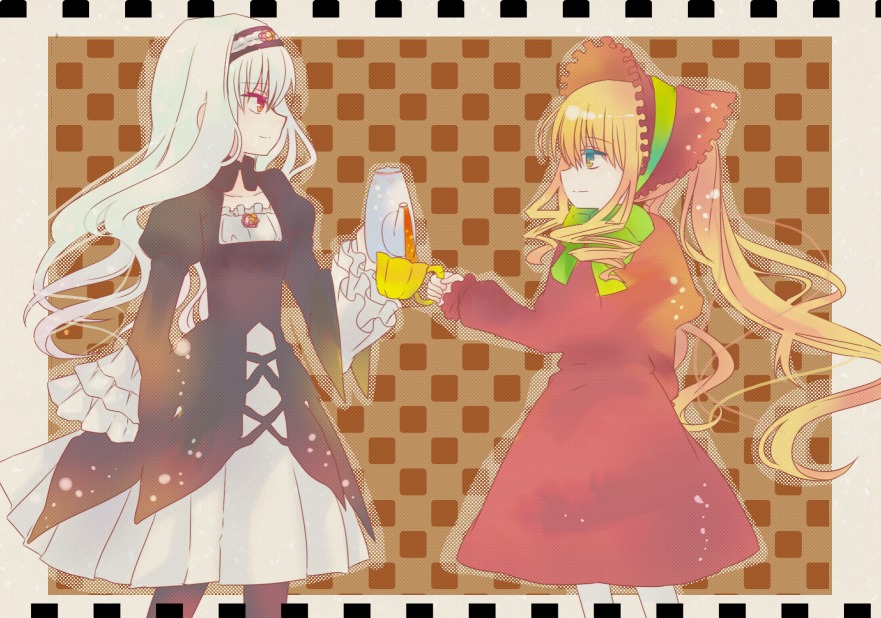 2girls blonde_hair bow dress drill_hair hairband image long_hair multiple_girls pair red_eyes shinku suigintou twintails very_long_hair white_hair