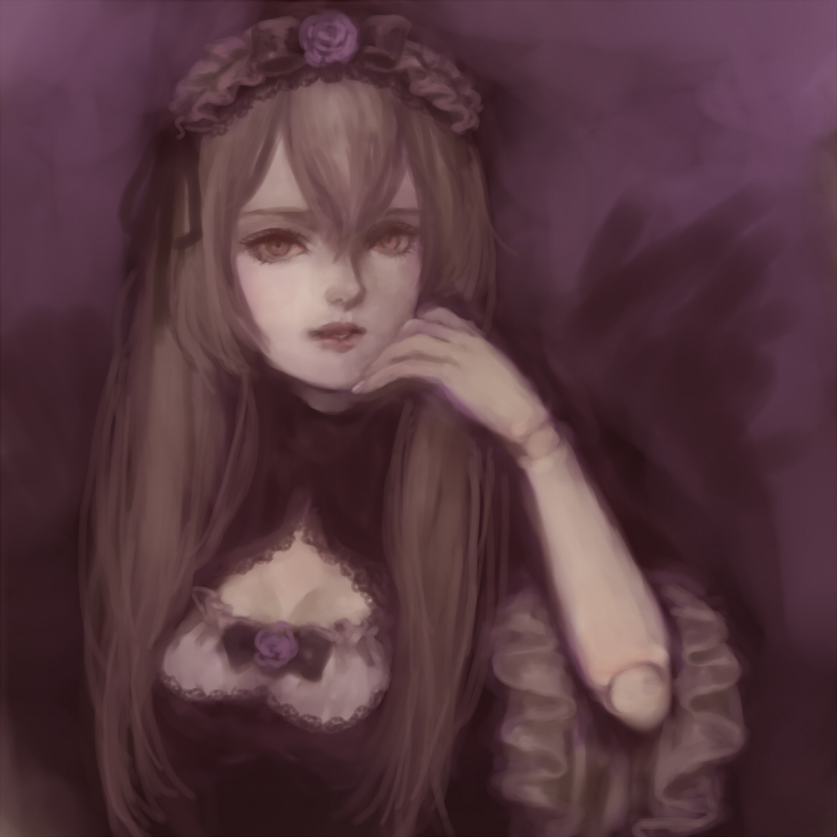 1girl auto_tagged bad_id bad_pixiv_id breasts cleavage cleavage_cutout clothing_cutout doll_joints dress flower frills gothic_lolita hairband highres image joints lips lolita_fashion long_hair looking_at_viewer medium_breasts rose rozen_maiden silver_hair solo suigintou upper_body wings yukishiro_(hitsuji)