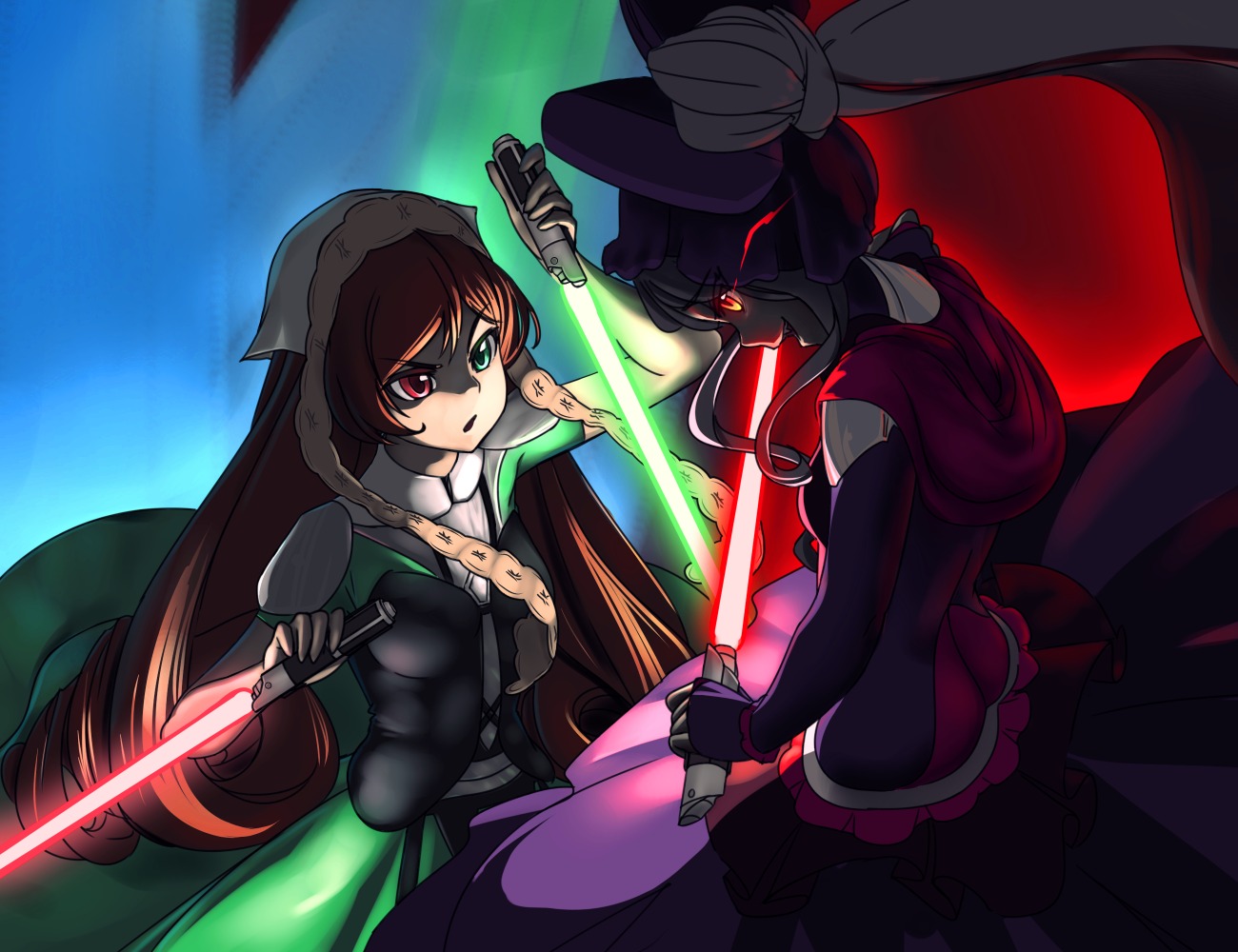 2girls black_hair braid brown_hair dress elbow_gloves gloves glowing gun hat heterochromia holding image long_hair multiple_girls red_eyes solo suiseiseki sword weapon