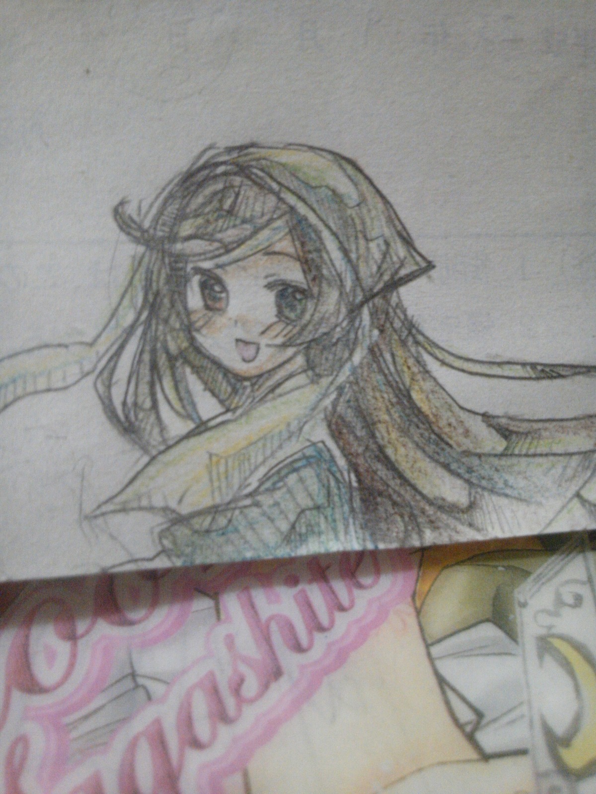 1girl :d blurry brown_hair image long_hair long_sleeves looking_at_viewer looking_back open_mouth photo school_uniform serafuku skirt smile solo suiseiseki traditional_media