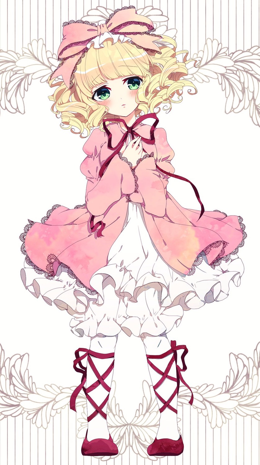 1girl ankle_lace-up blonde_hair blush bow cross-laced_footwear dress flower frills full_body green_eyes hina_ichigo hinaichigo image kirima_sharo leg_ribbon long_sleeves looking_at_viewer pink_bow plant puffy_sleeves ribbon shoes short_hair solo standing striped striped_background vertical_stripes wavy_hair white_legwear