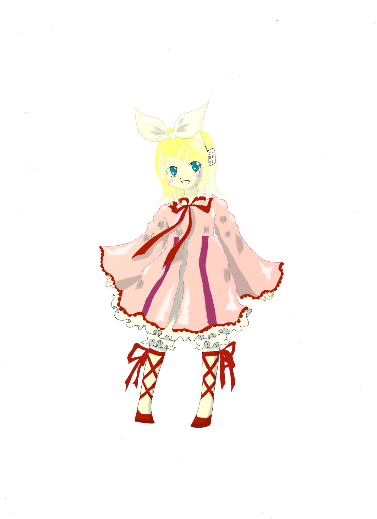 1girl blonde_hair blue_eyes bow dress full_body hair_ornament hair_ribbon hairclip hinaichigo image kagamine_rin long_sleeves looking_at_viewer pink_dress red_footwear ribbon short_hair simple_background solo standing white_background