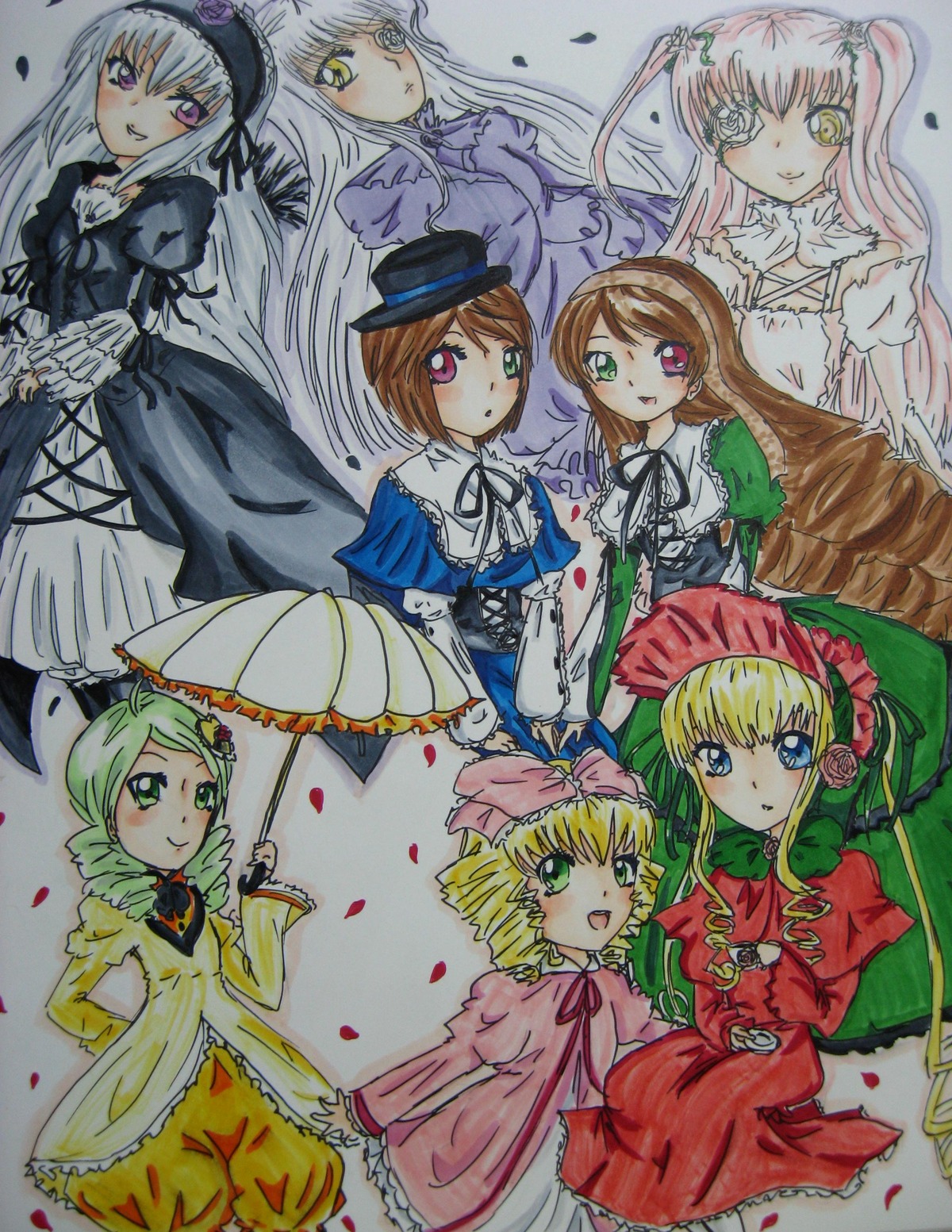 6+girls blonde_hair blue_eyes blush bow brown_hair dress frills hat heterochromia hina_ichigo image kanaria long_hair long_sleeves looking_at_viewer multiple multiple_girls petals pink_bow pink_dress pink_hair red_eyes shinku short_hair siblings silver_hair sisters smile souseiseki suigintou suiseiseki tagme tongue tongue_out twins twintails umbrella very_long_hair