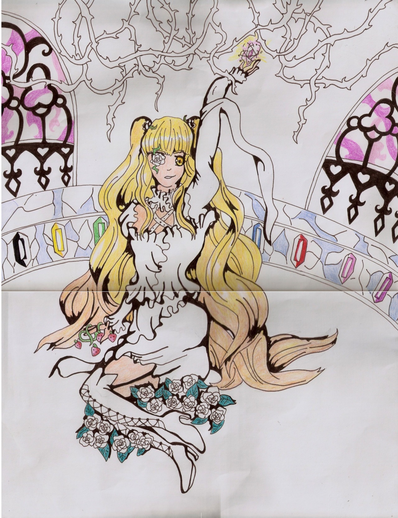 1girl blonde_hair boots dress flower image kirakishou long_hair plant sitting solo thorns very_long_hair vines white_dress yellow_eyes