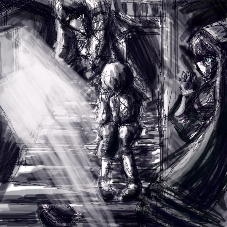 hat image monochrome monster multiple rain tagme teeth weapon