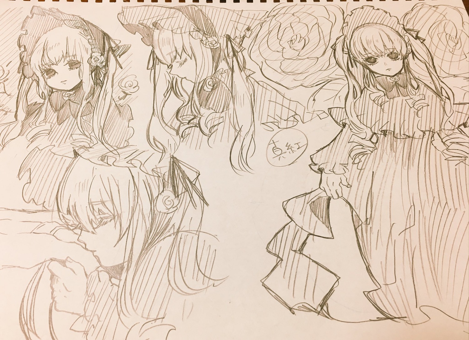 1girl blush dress flower frills image long_hair long_sleeves looking_at_viewer monochrome rose shinku solo suigintou wings
