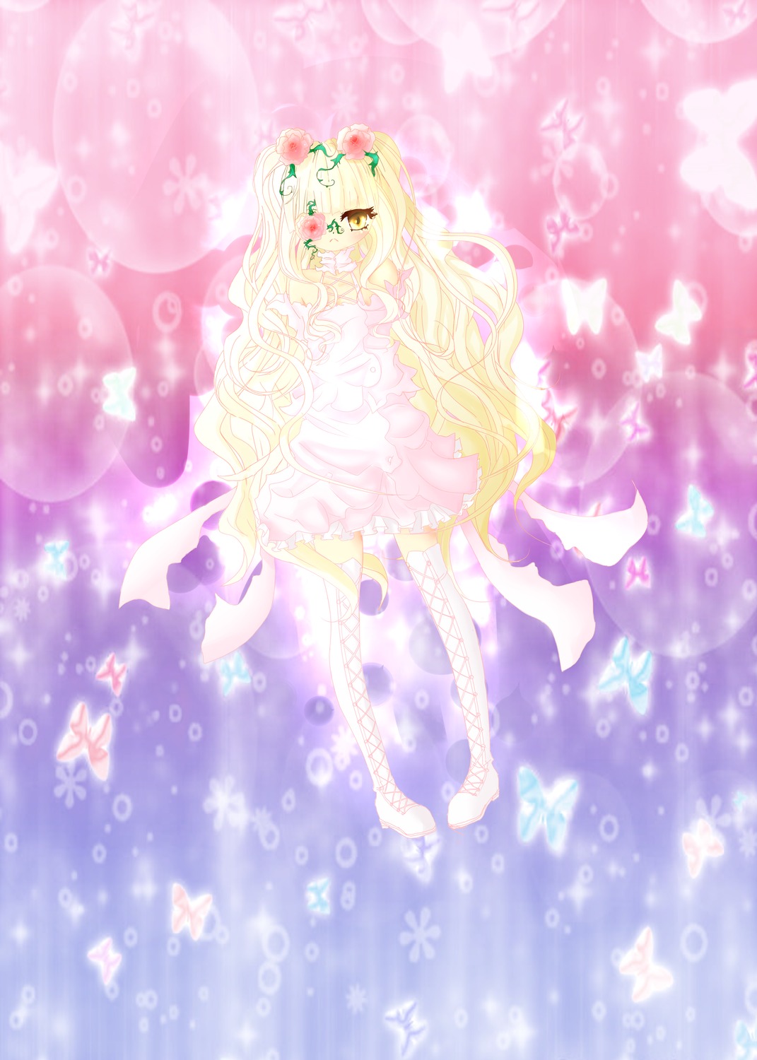 1girl blonde_hair blue_butterfly bug butterfly butterfly_hair_ornament butterfly_wings dress flower green_eyes image insect kirakishou long_hair solo very_long_hair