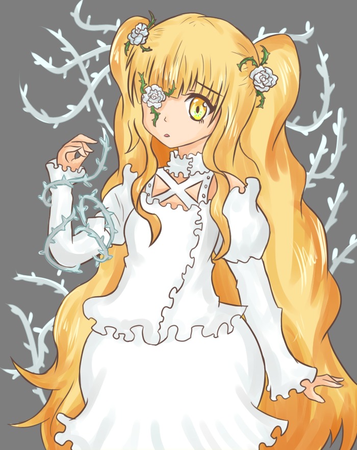 1girl blonde_hair dress eyepatch flower hair_flower hair_ornament image kirakishou long_hair long_sleeves rose solo thorns transparent_background very_long_hair vines white_dress white_flower white_rose yellow_eyes