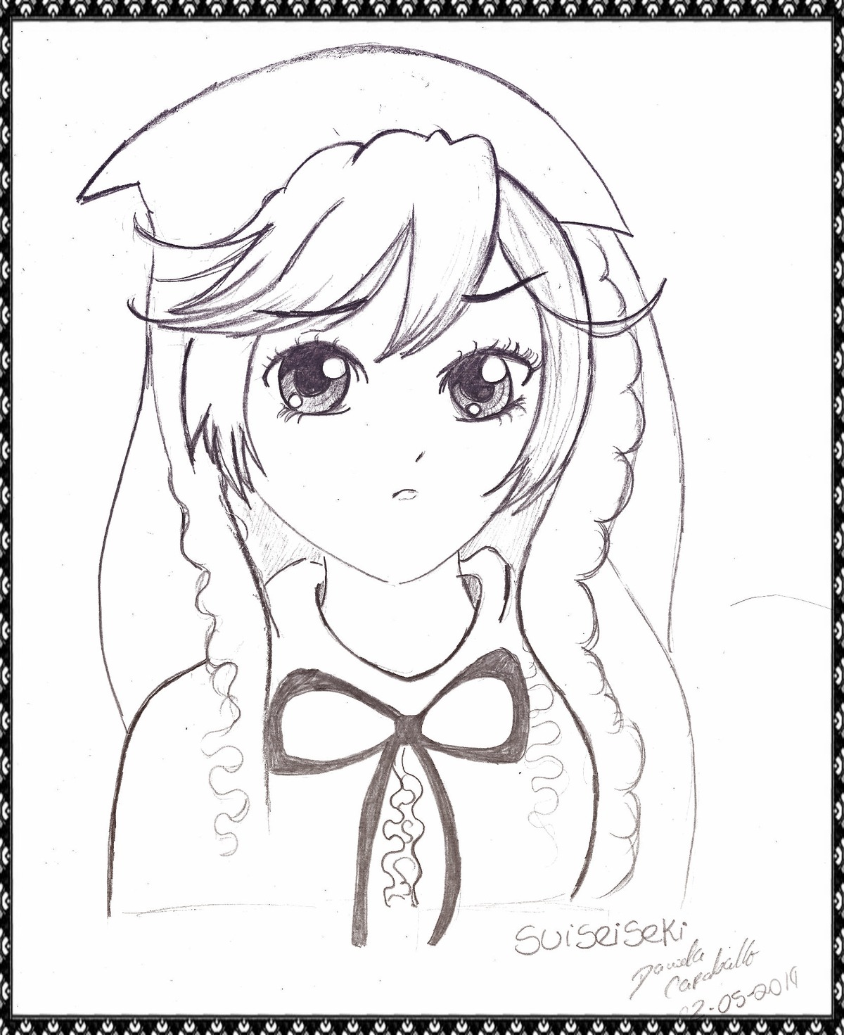 1girl blush border dated eyebrows_visible_through_hair greyscale image looking_at_viewer monochrome neck_ribbon short_hair solo suiseiseki upper_body