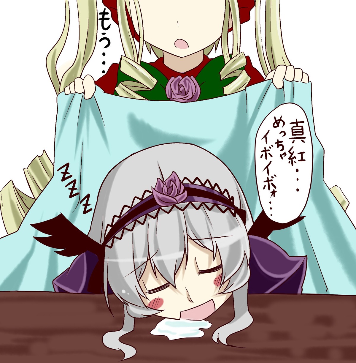 2girls =_= blonde_hair blush bonnet drill_hair flower hairband image long_hair multiple_girls open_mouth pair rose shinku silver_hair sleeping suigintou twin_drills twintails wings
