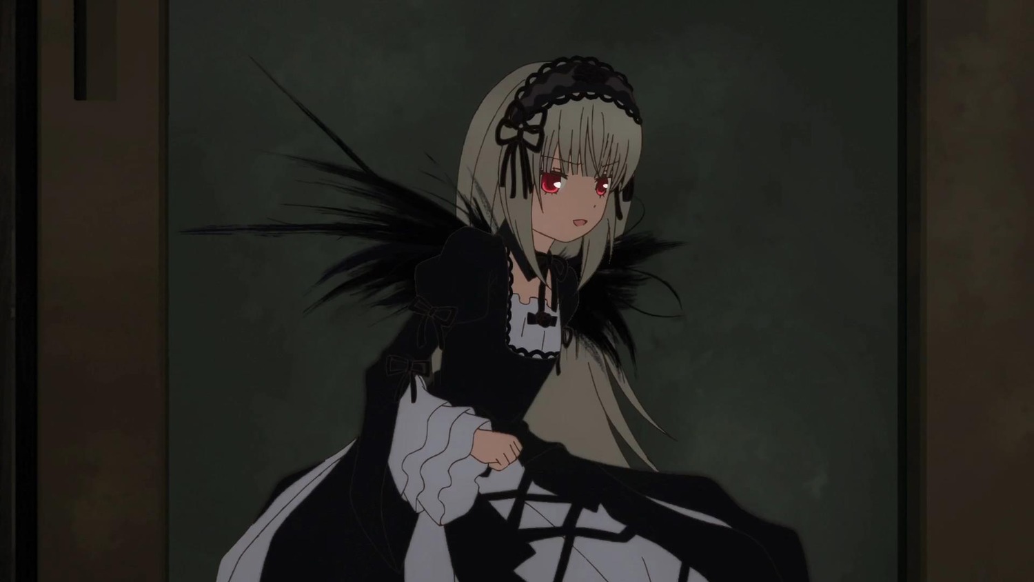 1girl bangs black_dress black_ribbon black_wings closed_mouth dress eyebrows_visible_through_hair frills hairband image juliet_sleeves long_hair long_sleeves puffy_sleeves red_eyes silver_hair solo suigintou very_long_hair wide_sleeves wings