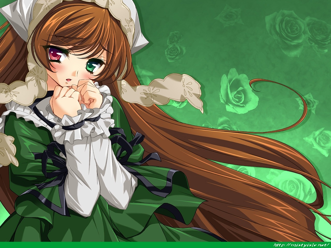 1girl brown_hair dress flower gothic gothic_lolita green_dress green_eyes hat heterochromia image lolita_fashion long_hair long_sleeves looking_at_viewer red_eyes rose rozen_maiden solo sorimura_youji suiseiseki tears very_long_hair